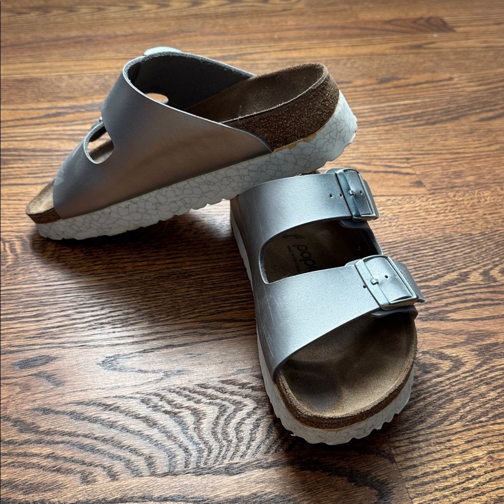 Birkenstock Papillio Platform Silver and Brown Slide Sandals size 38, 8